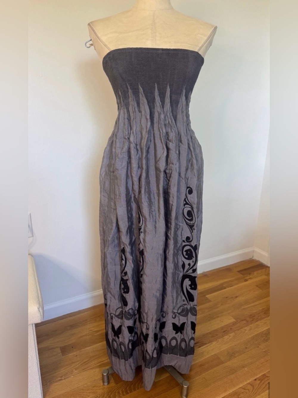 NWOT Lapis - Strapless Gray Maxi Dress with Black Accent Print